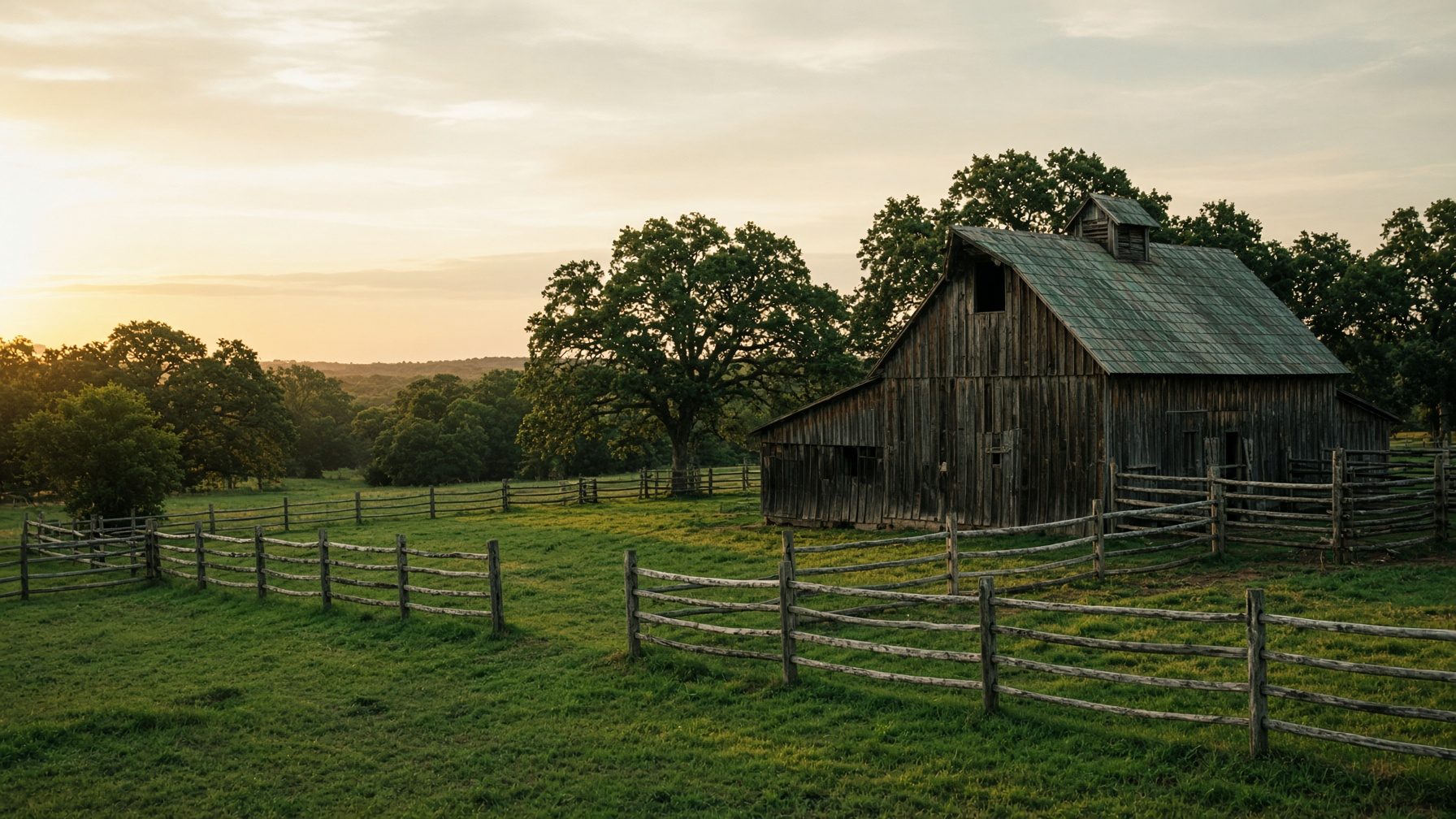 Golden hour over the barn, pasture, and oak line at Brookstone Family Farm