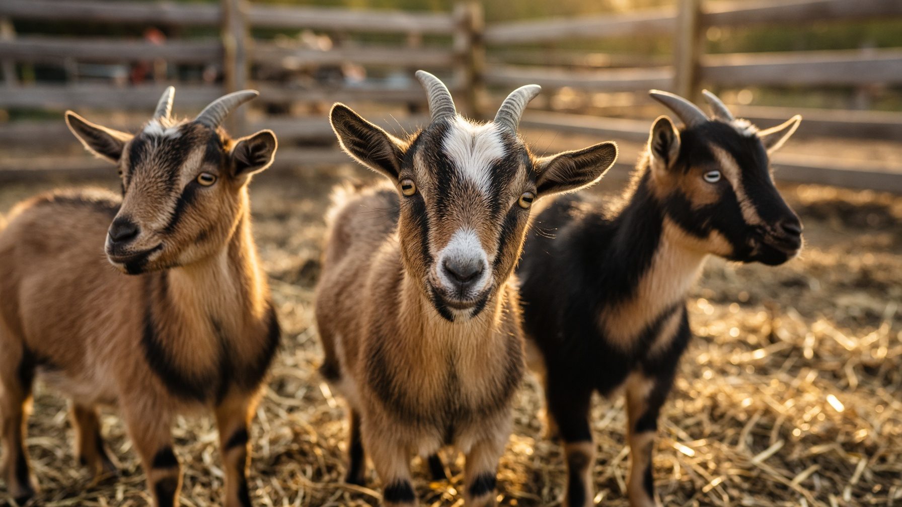 Nigerian Dwarf goats looking over a wooden fence