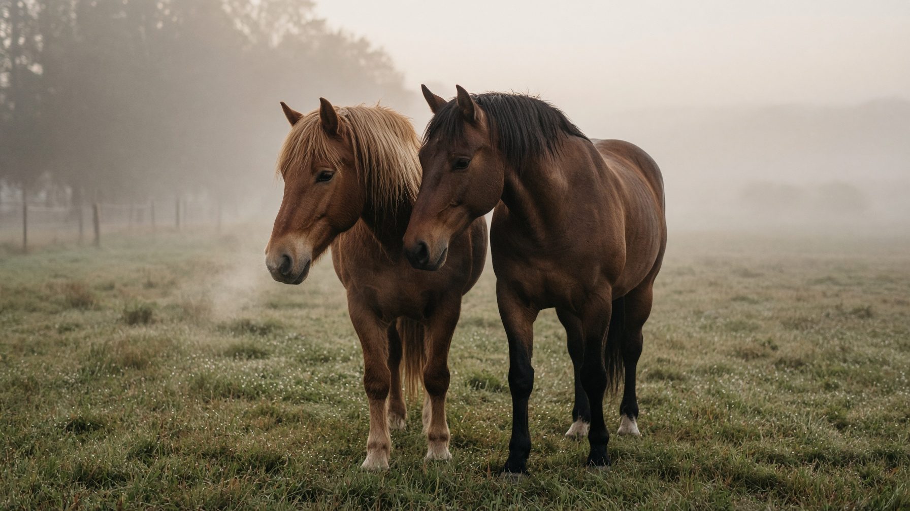Two horses standing together in a misty morning pasture
