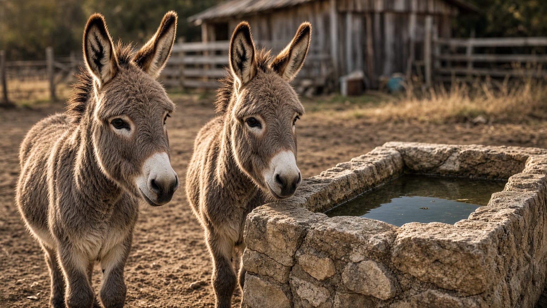 Miniature donkeys at a stone water trough