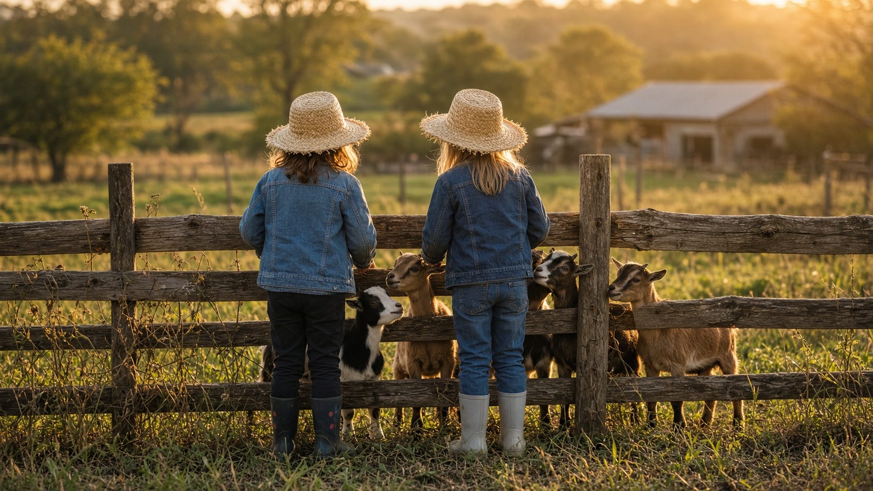 Children at the fence feeding goats on the farm