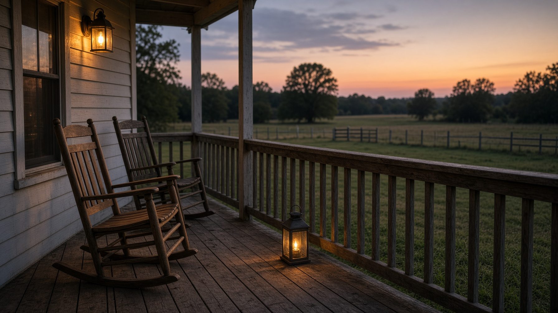 Farmhouse porch at dusk with rocking chairs