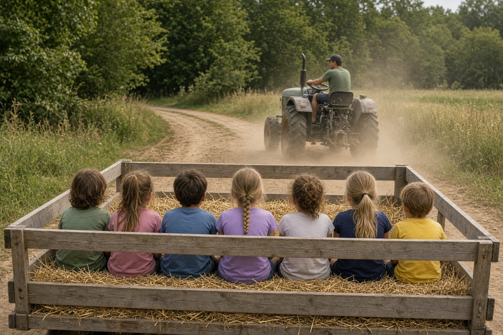 Kids on a hay wagon at camp